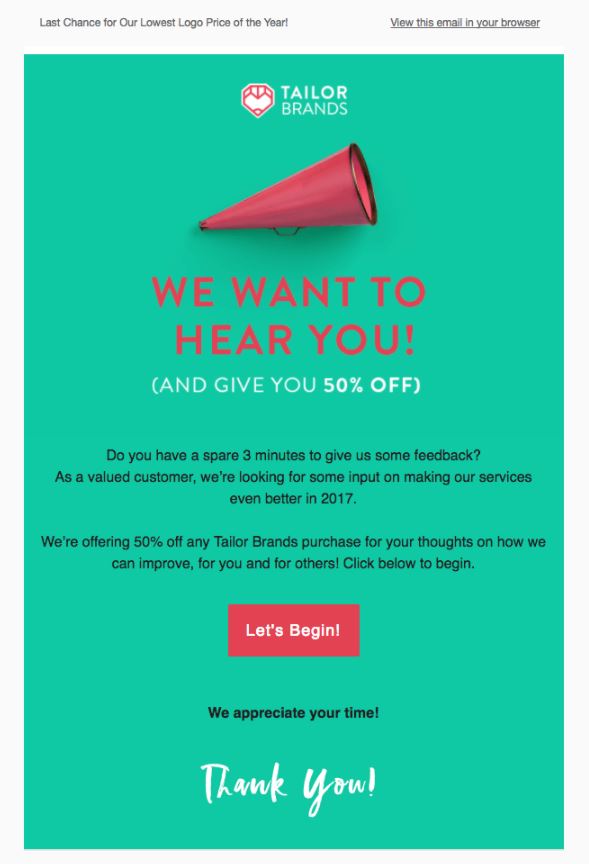 Behavioral Emails - Survey Email Example - Tailor Brands 