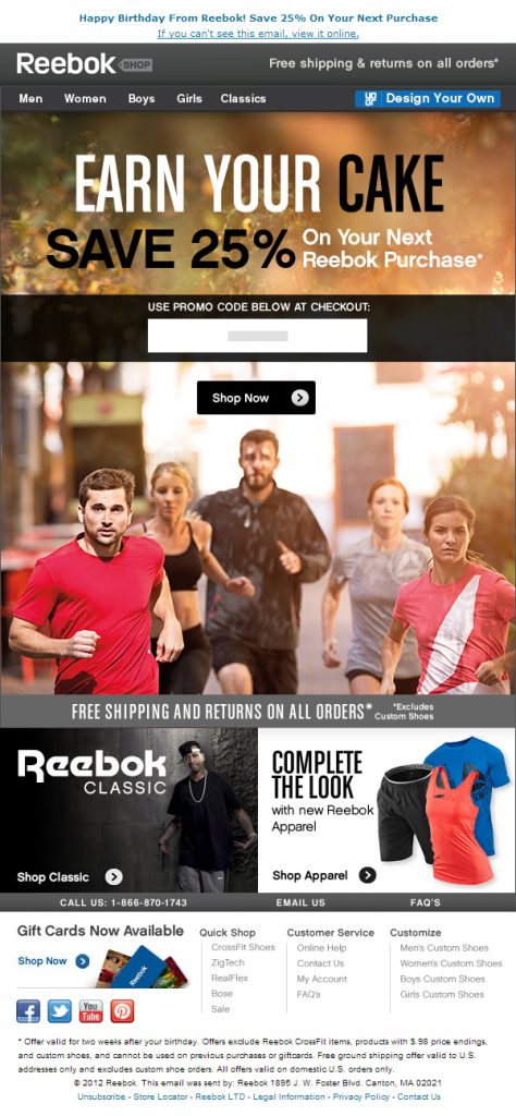 Promotional Emails - Birthday Email Example - Reebok