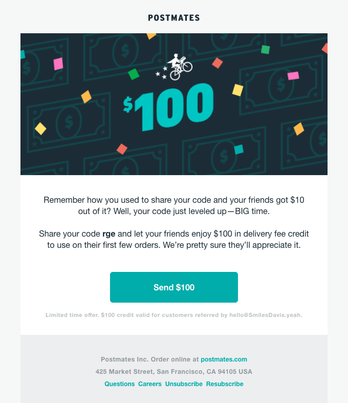 Promotional Emails - Special Offer Email Example - Postmates