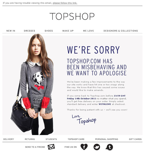 Promotional Emails - Apology Email Example - Topshop