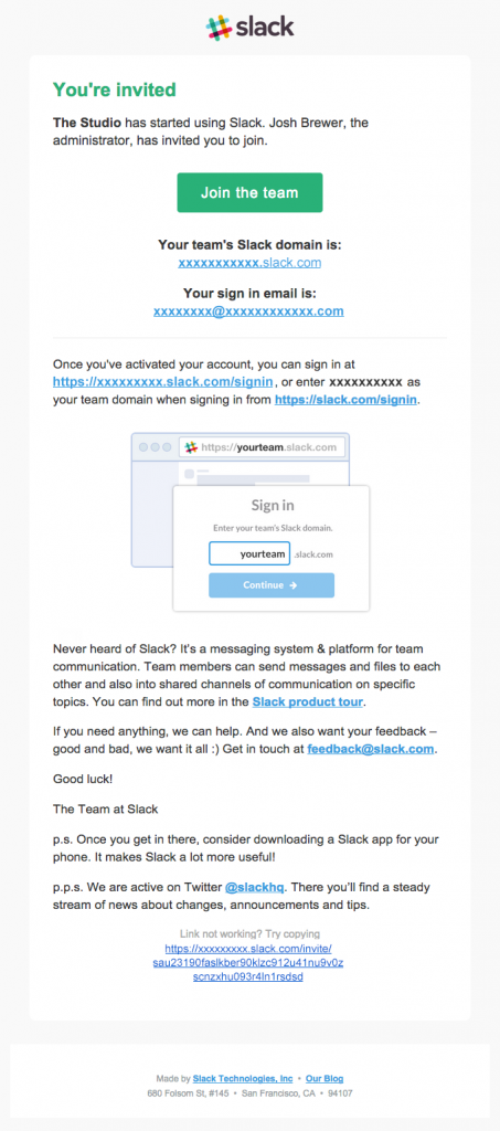 Promotional Emails - Invitation Email Example - Slack