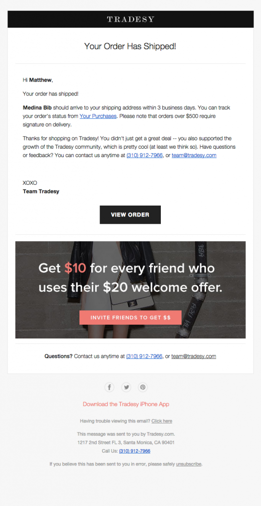 Transactional Emails - Shipping Confirmation Email Example - Tradesy