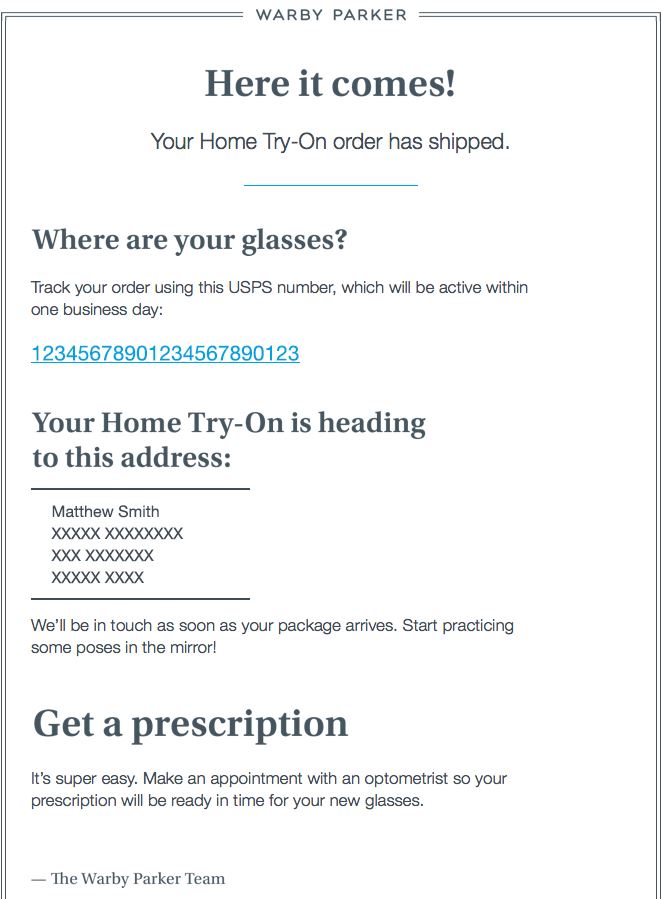 Transactional Emails - Shipping Confirmation Email Example - Warby Parker