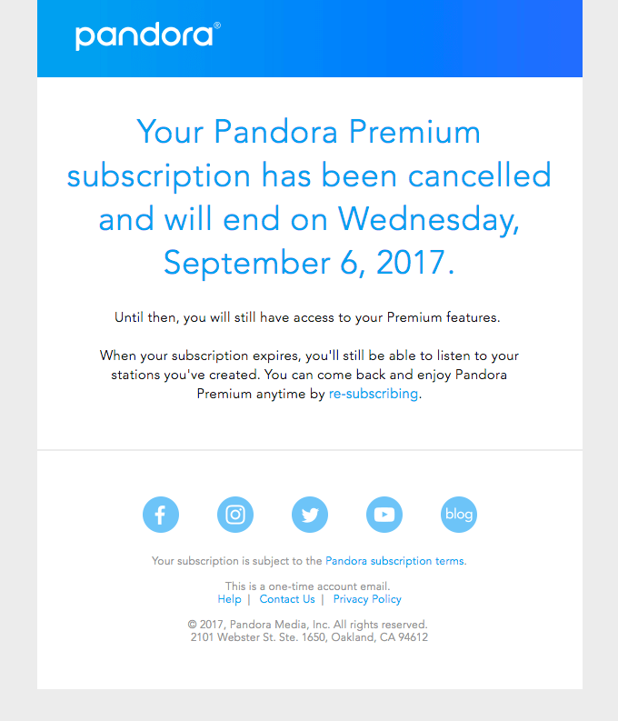Transactional Emails - Cancellation Email - Pandora