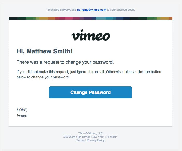 Transactional Emails - Username & Password Reset Email Example - Vimeo