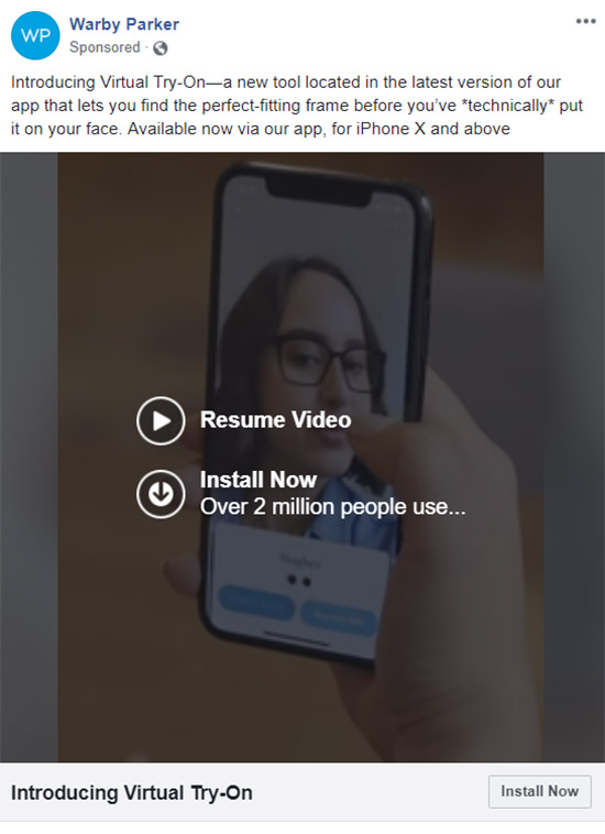 Facebook Ad Warby Parker - Apparel Company Facebook Ad Example