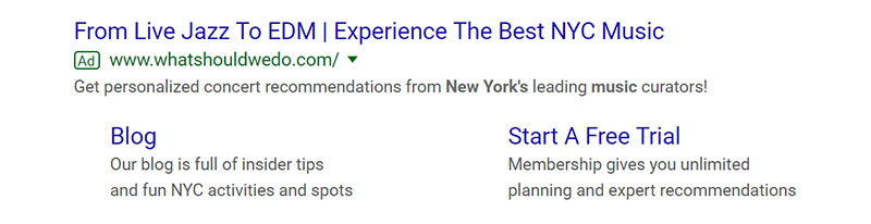 Best NYC Music and Entertainment Google Ad Example - Chainlink Relationship Marketing