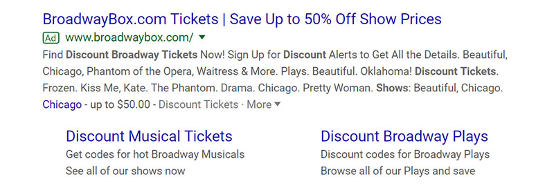 BroadwayBox Music and Entertainment Google Ad Example - Chainlink Relationship Marketing