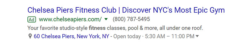 Chelsea Piers Fitness Google Ad Example - Chainlink Relationship Marketing