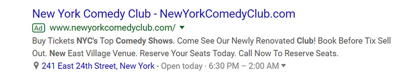 Comedy Club Music and Entertainment Google Ad Example - Chainlink Relationship Marketing