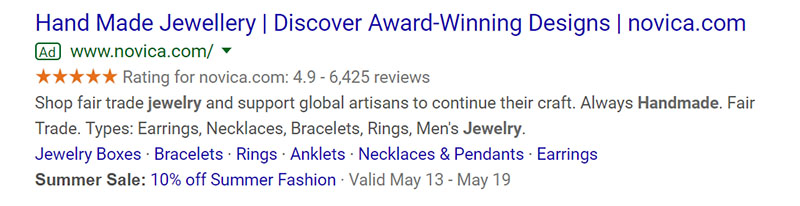 Handmade Jewelry - Jewelry Company Google Ad Example