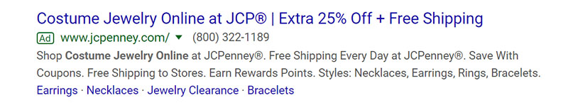 JCPenney Jewelry - Jewelry Company Google Ad Example