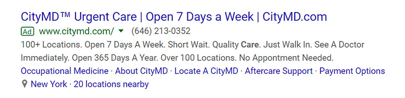 Urgent Care CityMD Medical Google Ad Example - Chainlink Relationship Marketing