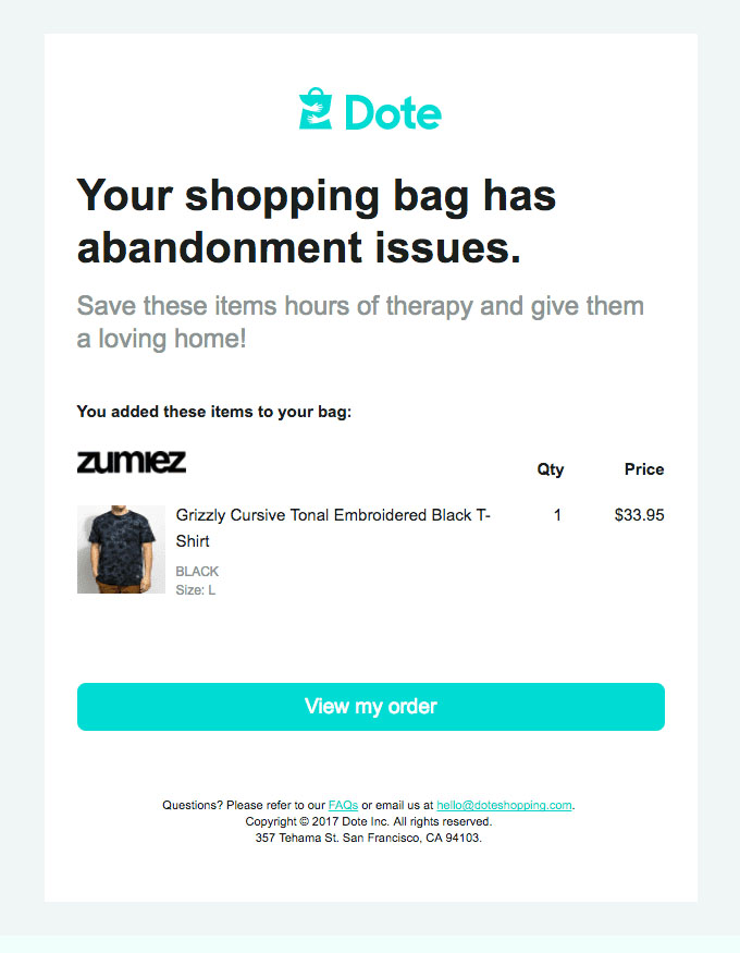 Behavioral Emails - Abandoned Cart Email Example - Dote