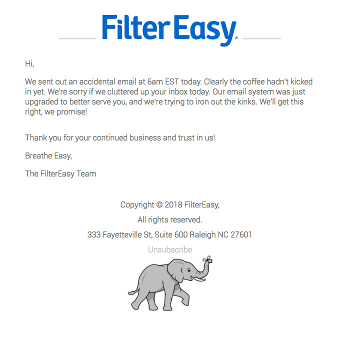 Promotional Emails - Apology Email Example - Filter Easy
