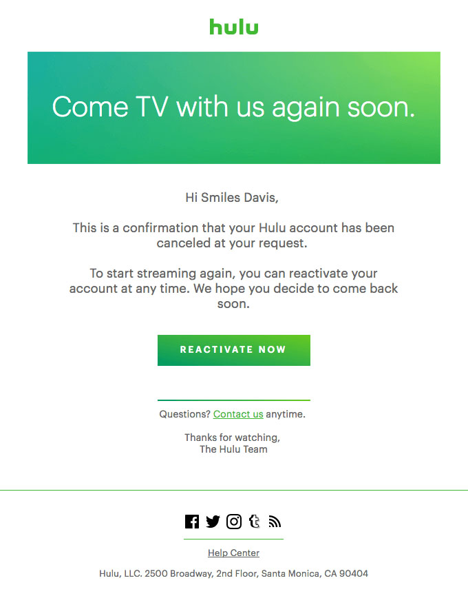 Transactional Emails - Unsubscribe & Cancellation Email Example - Hulu