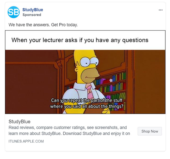 Educational Company Facebook Ad Example - StudyBlue