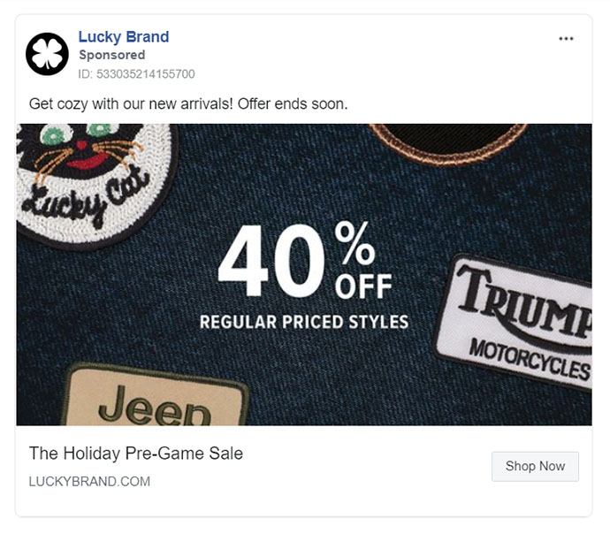 Apparel Company Facebook Ad Example - Lucky Brand