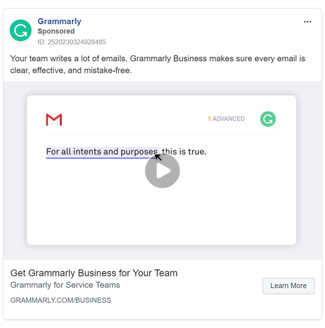 Facebook Ads - Business Tool Ad Example - Grammarly