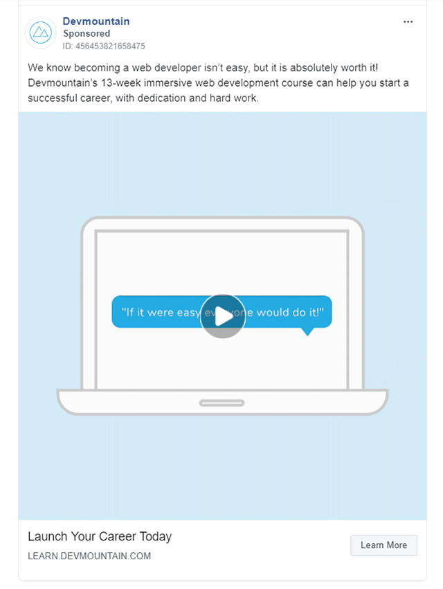 Educational Company Facebook Ad Example - Devmountain