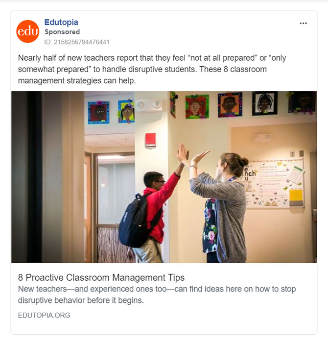 Educational Company Facebook Ad Example - Edutopia